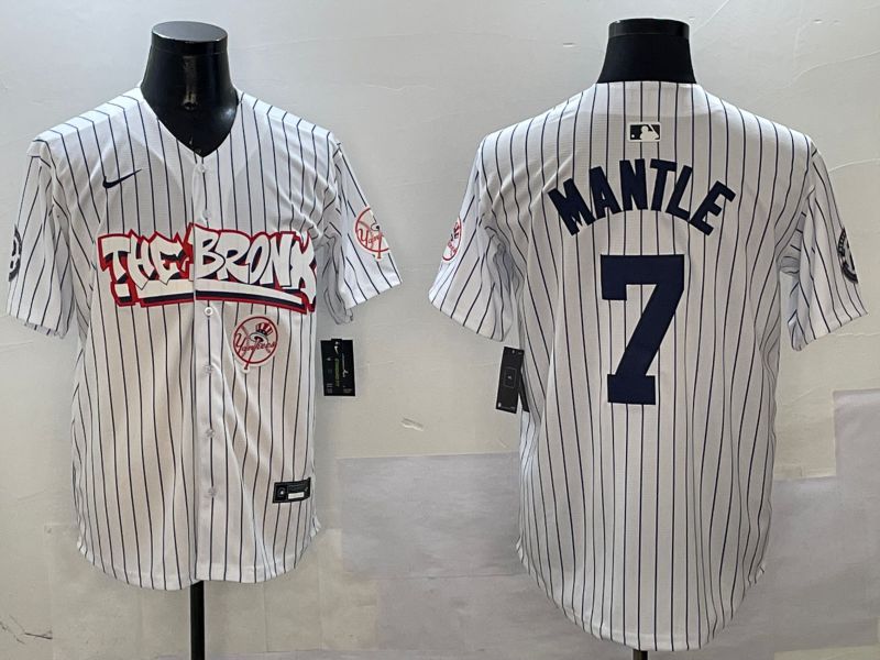 Men New York Yankees 7 Mantle White Stripe four generations Joint Name 2025 Nike MLB Jersey style 7
